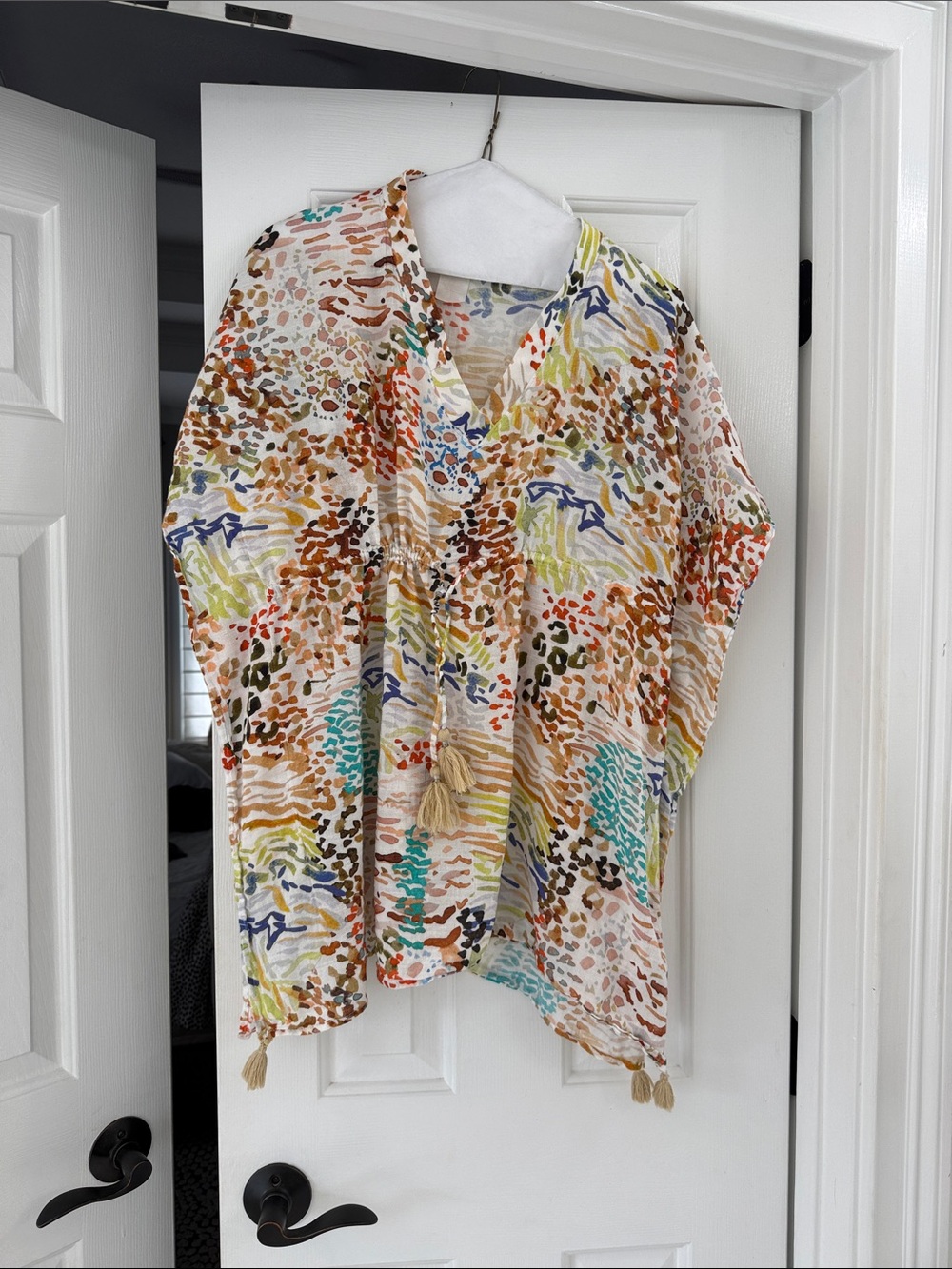 Echo Multicolor Printed V-Neck Swim Coverup with Tassels